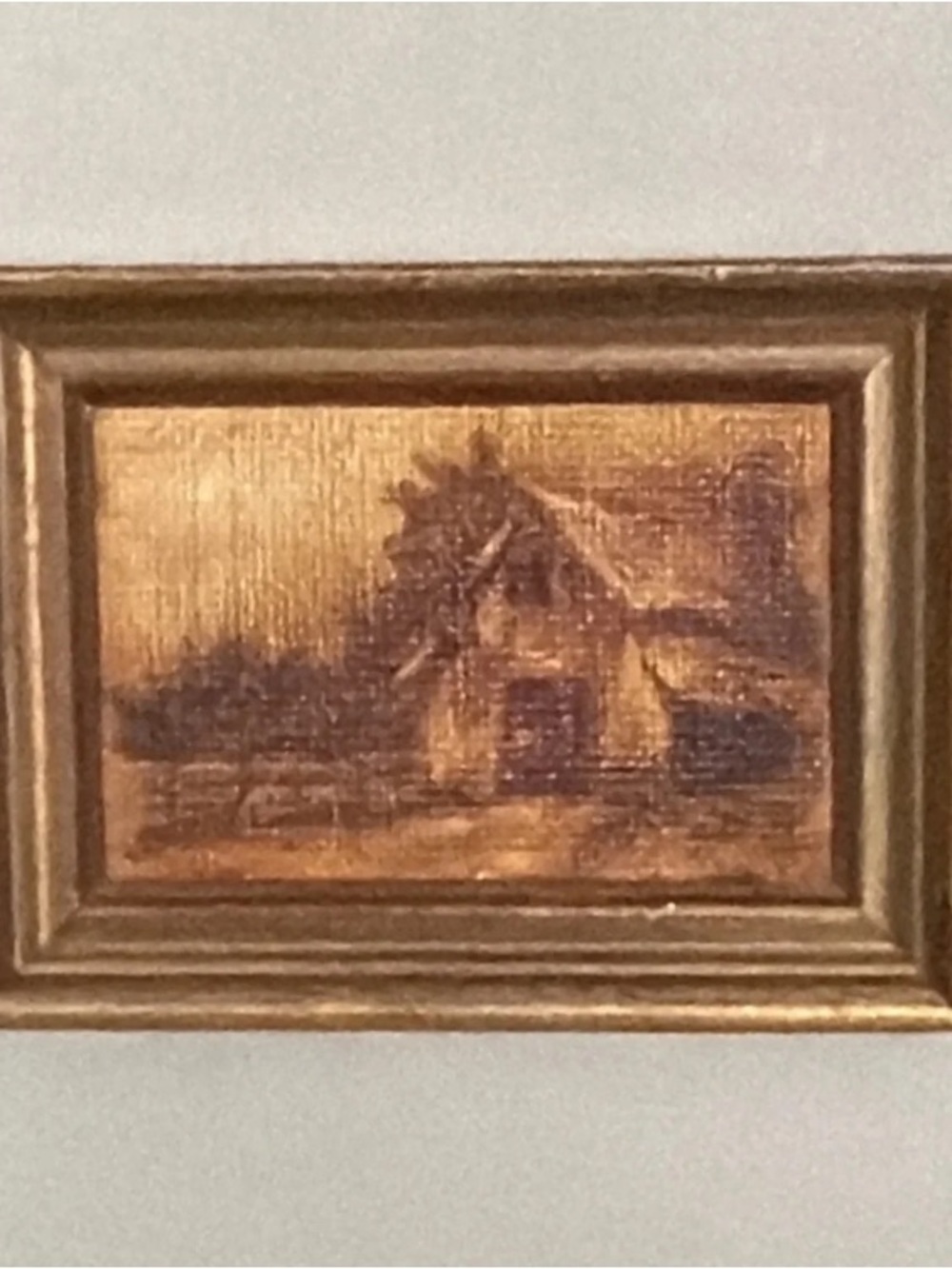 Vintage Miniature Framed Art Print Rustic Barn Cabin Landscape Gold Frame 3x4